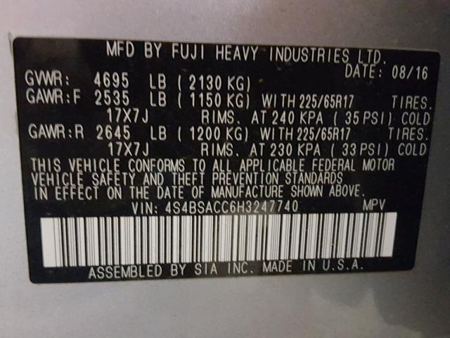 4S4BSACC6H3247740 - 2017 SUBARU OUTBACK 2. SILVER photo 10