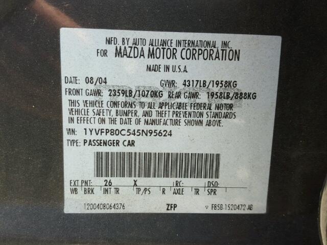 1YVFP80C545N95624 - 2004 MAZDA 6 I GRAY photo 10