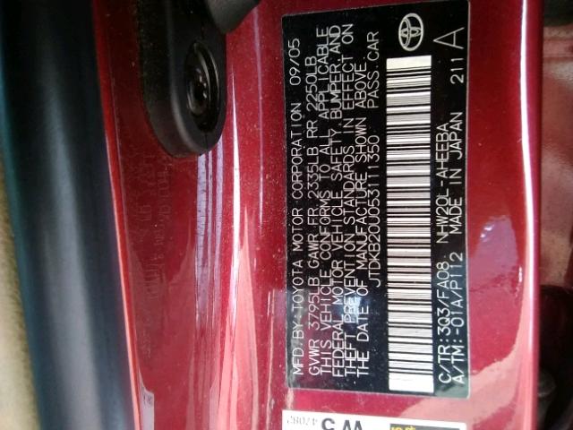 JTDKB20U053111350 - 2005 TOYOTA PRIUS 红色 照片 10