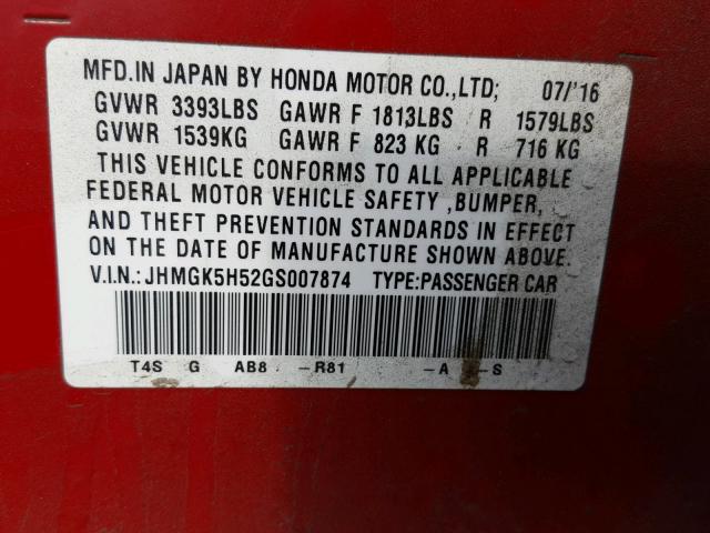 JHMGK5H52GS007874 - 2016 HONDA FIT LX RED photo 10