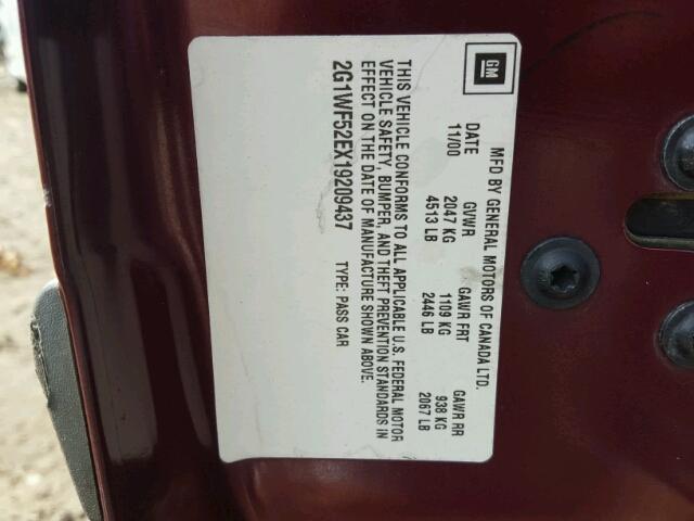 2G1WF52EX19209437 - 2001 CHEVROLET IMPALA BURGUNDY photo 10