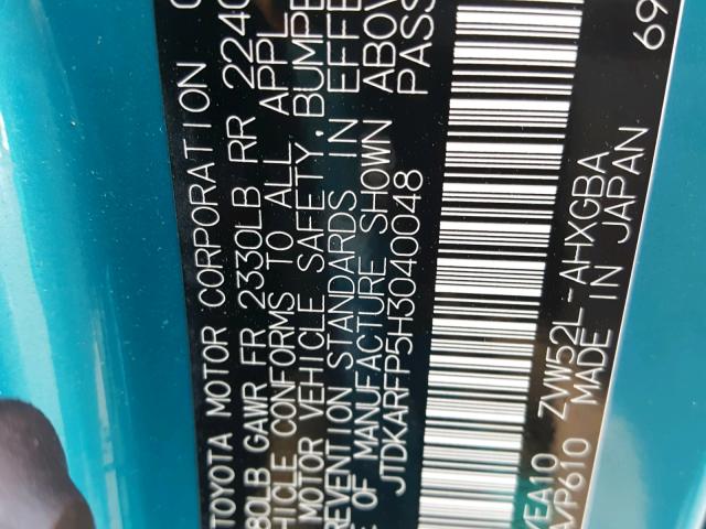 JTDKARFP5H3040048 - 2017 TOYOTA PRIUS PRIM ლურჯი ფოტო 10