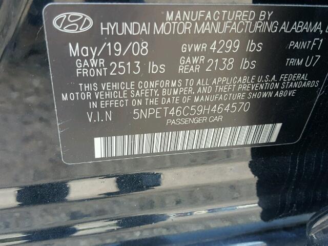 5NPET46C59H464570 - 2009 HYUNDAI SONATA GLS BLACK photo 10