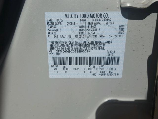 2FMDK49C37BB00095 - 2007 FORD EDGE CREAM photo 10