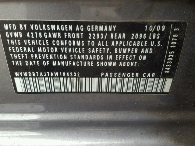 WVWDB7AJ7AW184332 - 2010 VOLKSWAGEN GOLF GRAY photo 10