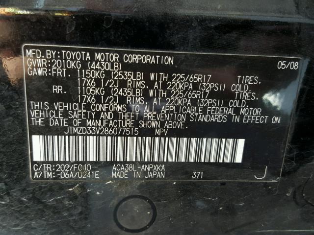 JTMZD33V286077515 - 2008 TOYOTA RAV4 BLACK photo 10