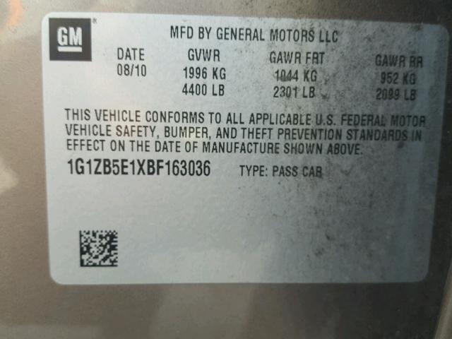 1G1ZB5E1XBF163036 - 2011 CHEVROLET MALIBU LS 金色 照片 10