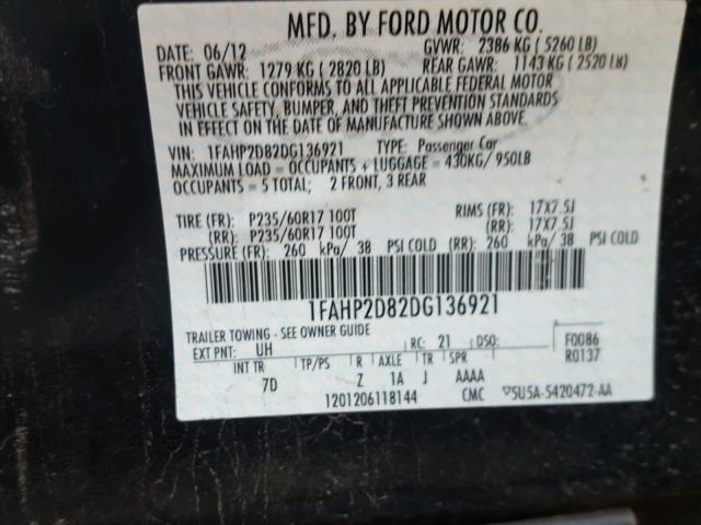 1FAHP2D82DG136921 - 2013 FORD TAURUS BLACK photo 10