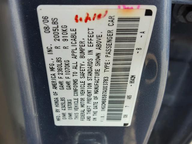 1HGCM66597A003783 - 2007 HONDA ACCORD EX BLUE photo 10