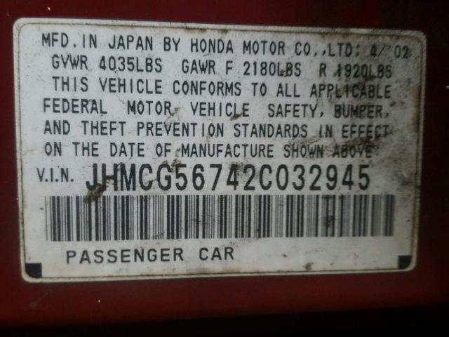 JHMCG56742C032945 - 2002 HONDA ACCORD RED photo 10