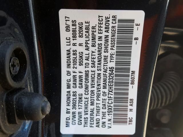 19XFC1F7XHE032646 - 2017 HONDA CIVIC EXL 石墨色 照片 10