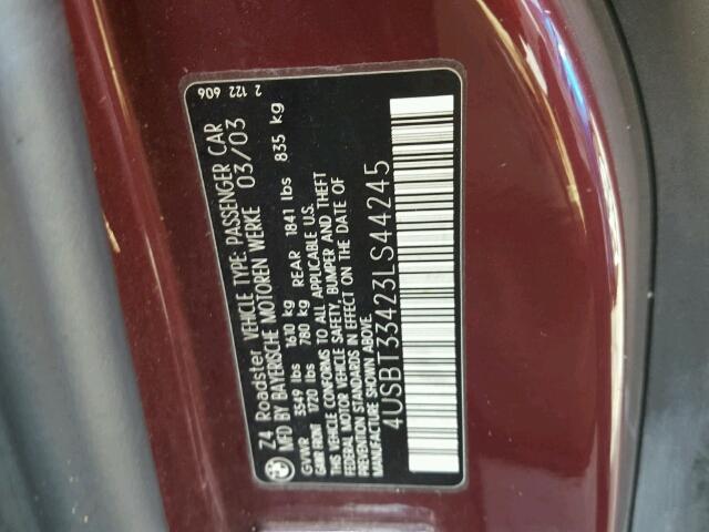 4USBT33423LS44245 - 2003 BMW Z4 BURGUNDY photo 10