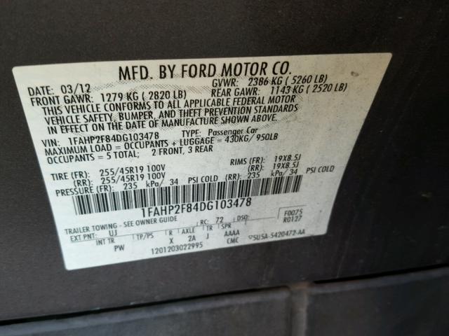 1FAHP2F84DG103478 - 2013 FORD TAURUS GRAY photo 10