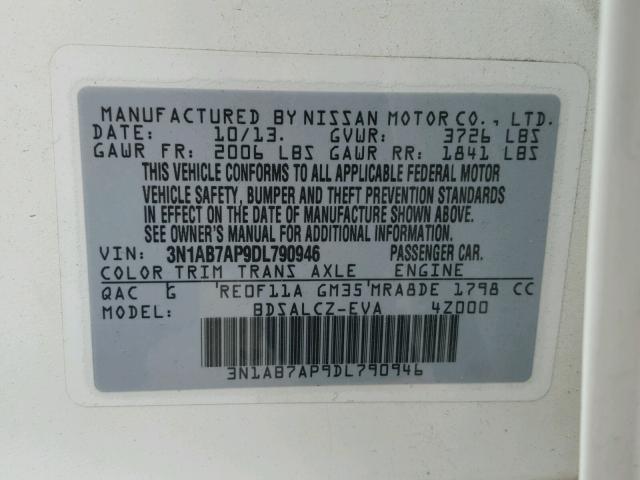 3N1AB7AP9DL790946 - 2013 NISSAN SENTRA WHITE photo 10