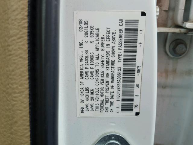 1HGCP26898A096123 - 2008 HONDA ACCORD EXL WHITE photo 10