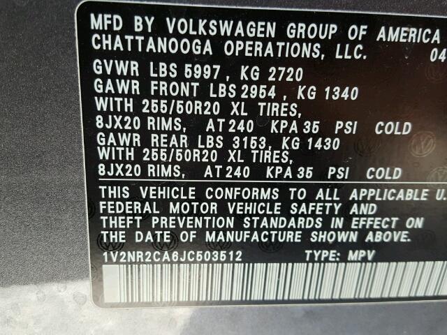 1V2NR2CA6JC503512 - 2018 VOLKSWAGEN ATLAS SEL Boz foto 10