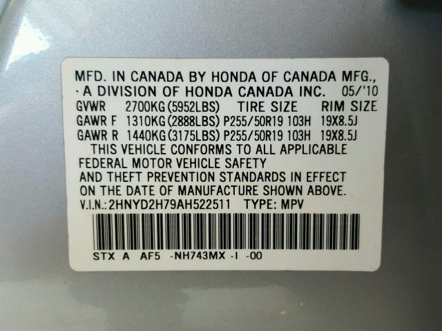 2HNYD2H79AH522511 - 2010 ACURA MDX ADVANC SILVER photo 10