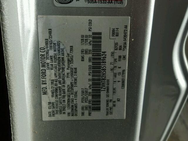 1ZVHT82H585189624 - 2008 FORD MUSTANG SILVER photo 10