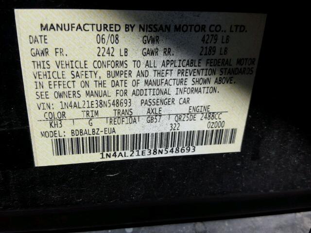 1N4AL21E38N548693 - 2008 NISSAN ALTIMA 2.5 BLACK photo 10