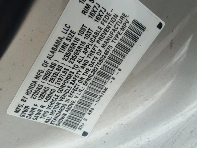 5FNRL38275B024875 - 2005 HONDA ODYSSEY LX SILVER photo 10