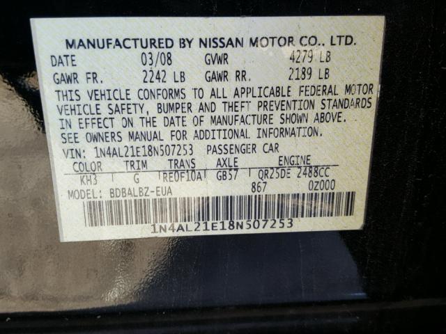 1N4AL21E18N507253 - 2008 NISSAN ALTIMA 2.5 BLACK photo 10