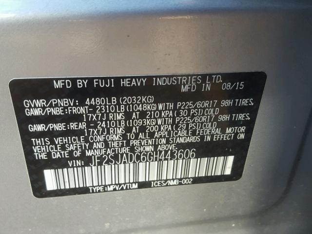 JF2SJADC6GH443606 - 2016 SUBARU FORESTER 2 GRAY photo 10