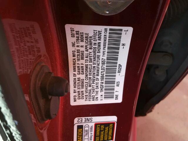 1HGFA16847L071657 - 2007 HONDA CIVIC RED photo 10