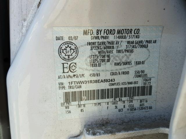 1FTWW31R38EA59243 - 2008 FORD F350 SRW S WHITE photo 10