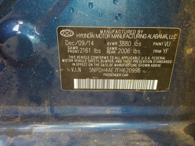 5NPDH4AE7FH620996 - 2015 HYUNDAI ELANTRA SE BLUE photo 10