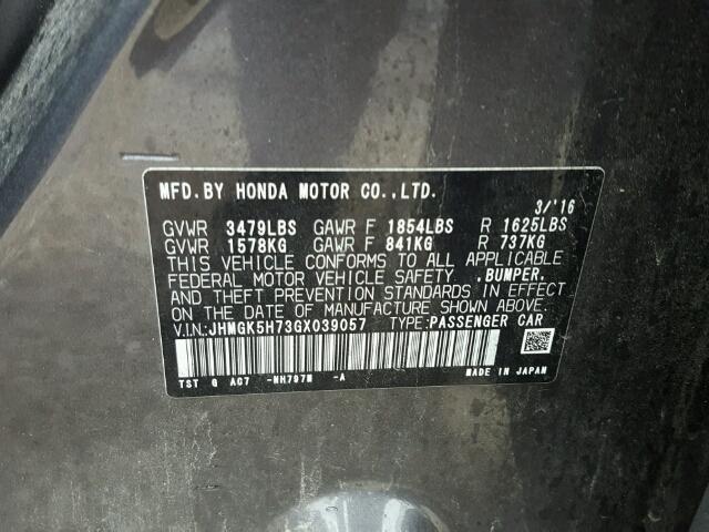 JHMGK5H73GX039057 - 2016 HONDA FIT EX GRAY photo 10