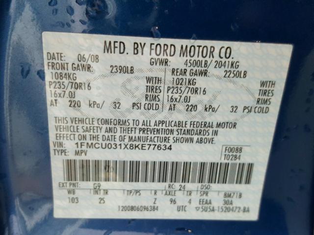 1FMCU031X8KE77634 - 2008 FORD ESCAPE XLT BLUE photo 10