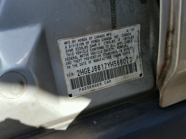 2HGEJ6617YH566073 - 2000 HONDA CIVIC BASE Gümüş foto 10