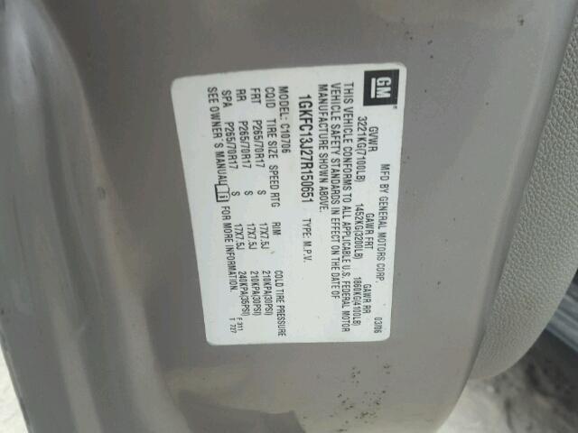 1GKFC13J27R150651 - 2007 GMC YUKON GRAY photo 10