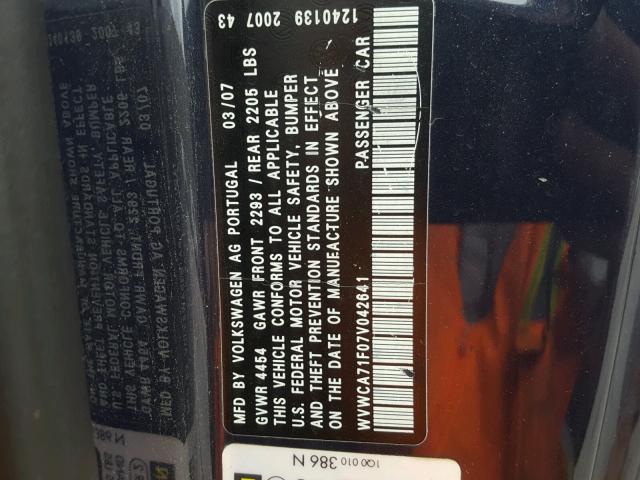 WVWCA71F07V042641 - 2007 VOLKSWAGEN EOS 2.0T S ლურჯი ფოტო 10