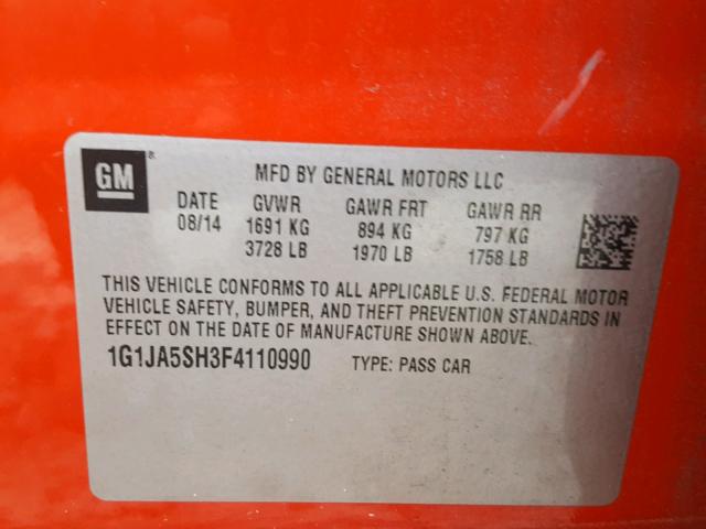 1G1JA5SH3F4110990 - 2015 CHEVROLET SONIC LS RED photo 10