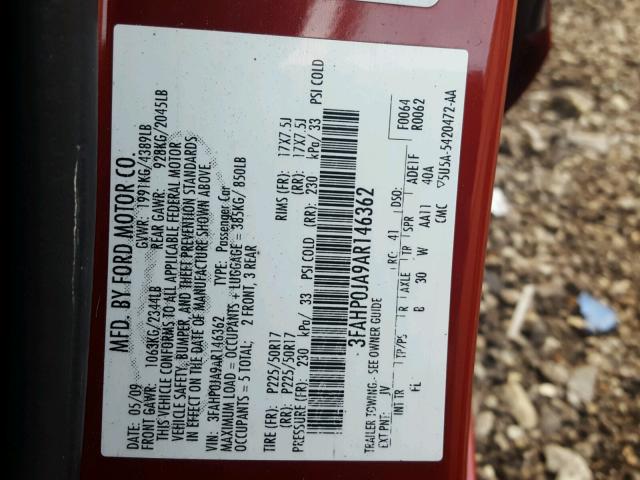 3FAHP0JA9AR146362 - 2010 FORD FUSION SEL RED photo 10