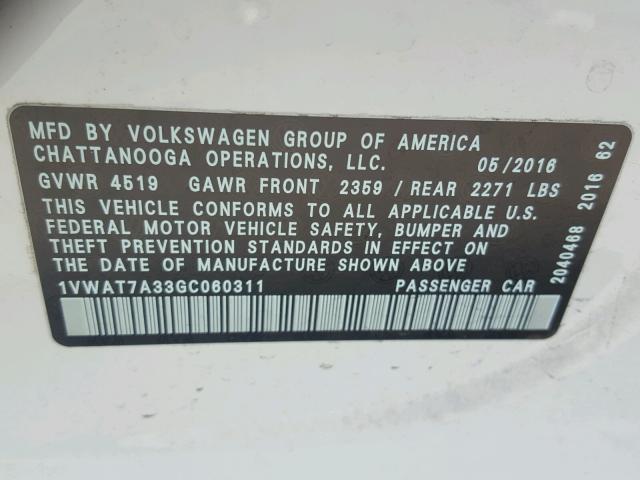 1VWAT7A33GC060311 - 2016 VOLKSWAGEN PASSAT S Weiß Foto 10