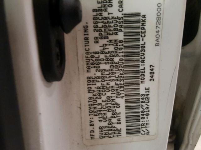 4T1BE32K22U011910 - 2002 TOYOTA CAMRY LE 白色 照片 10