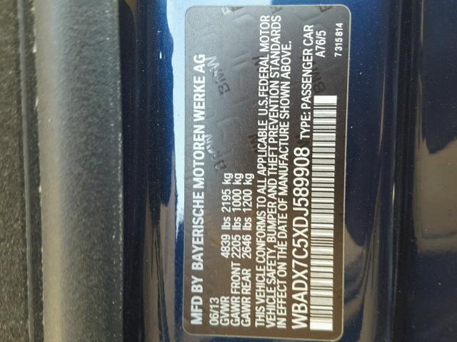 WBADX7C5XDJ589908 - 2013 BMW 335 BLUE photo 10