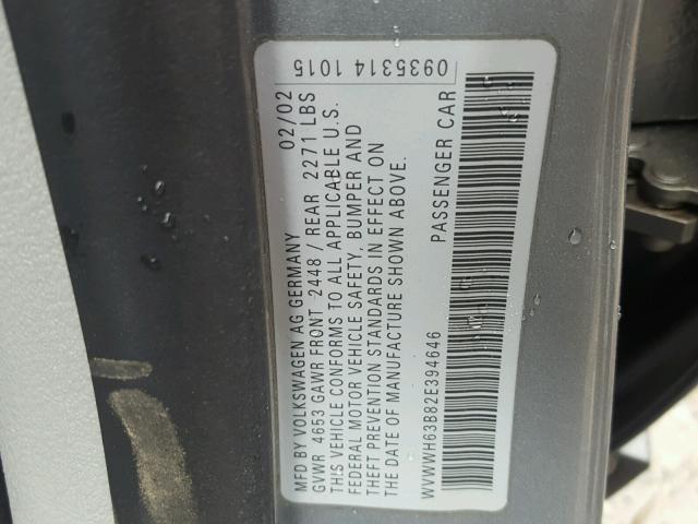 WVWWH63B82E394646 - 2002 VOLKSWAGEN PASSAT GLX GRAY photo 10
