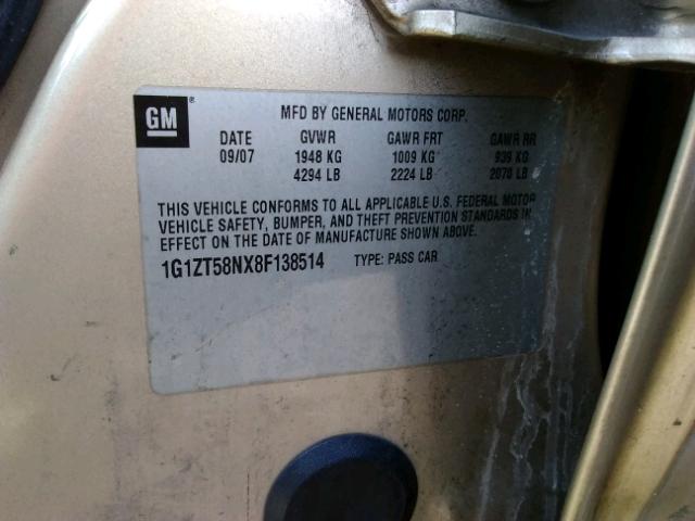 1G1ZT58NX8F138514 - 2008 CHEVROLET MALIBU ოქროსფერი ფოტო 10