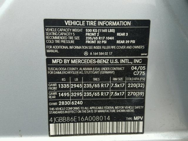 4JGBB86E16A008014 - 2006 MERCEDES-BENZ ML 350 SILVER photo 10