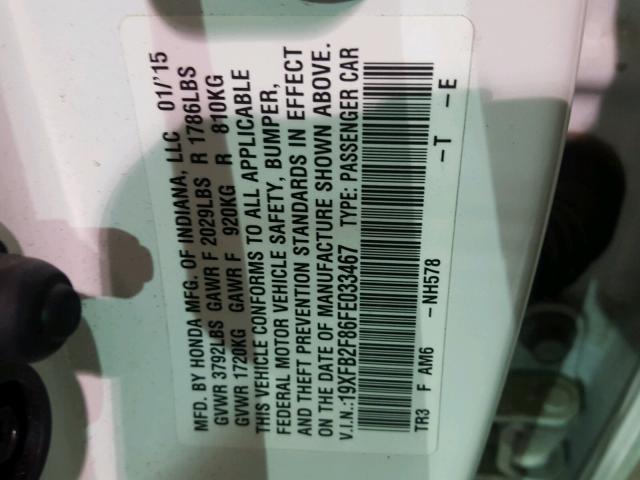 19XFB2F86FE033467 - 2015 HONDA CIVIC EX WHITE photo 10