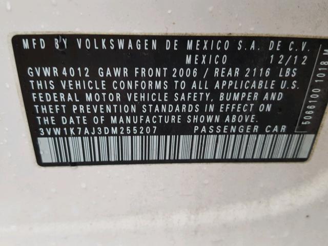 3VW1K7AJ3DM255207 - 2013 VOLKSWAGEN JETTA BASE Սպիտակ լուսանկար 10