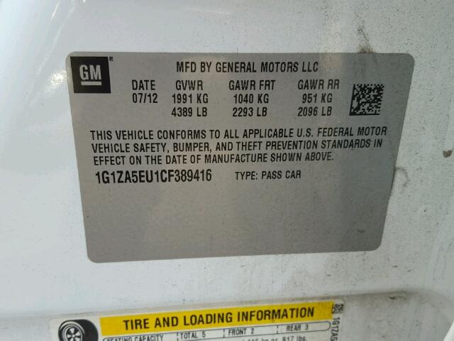 1G1ZA5EU1CF389416 - 2012 CHEVROLET MALIBU LS თეთრი ფოტო 10