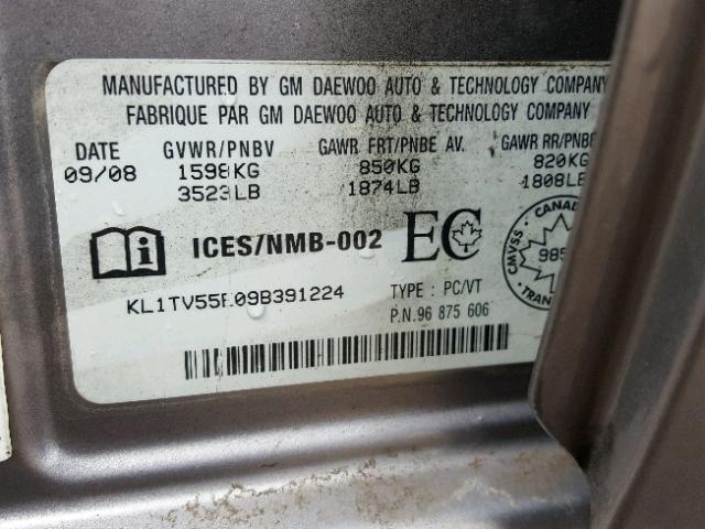 KL1TV55E09B391224 - 2009 CHEVROLET AVEO LS GRAY photo 10