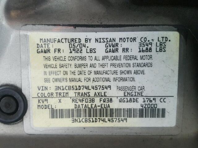 3N1CB51D74L457549 - 2004 NISSAN SENTRA 1.8 TAN photo 10