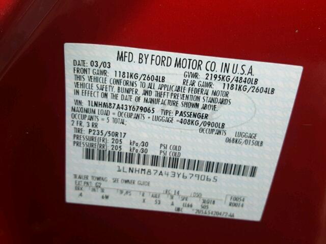 1LNHM87A43Y679065 - 2003 LINCOLN LS RED photo 10