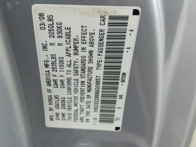 1HGCS22898A009857 - 2008 HONDA ACCORD EXL SILVER photo 10