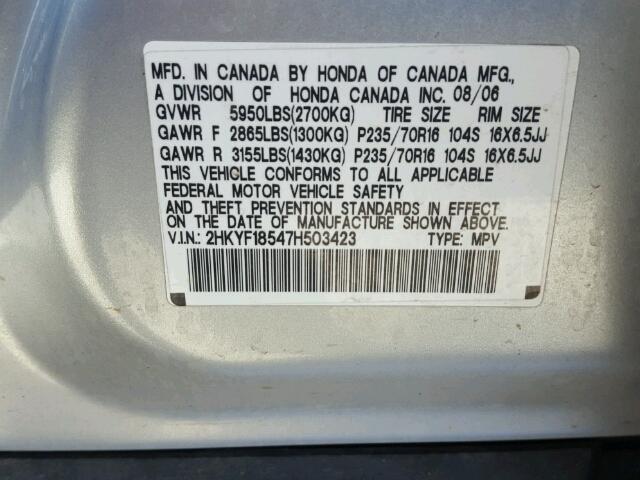 2HKYF18547H503423 - 2007 HONDA PILOT EXL SILVER photo 10